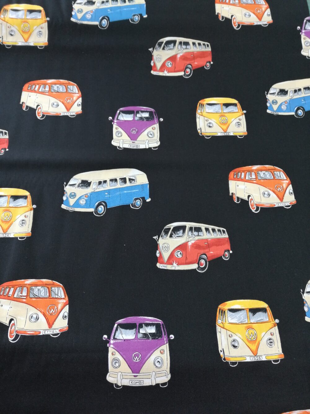 Camper vans on black quilting weight cotton fabric FQ