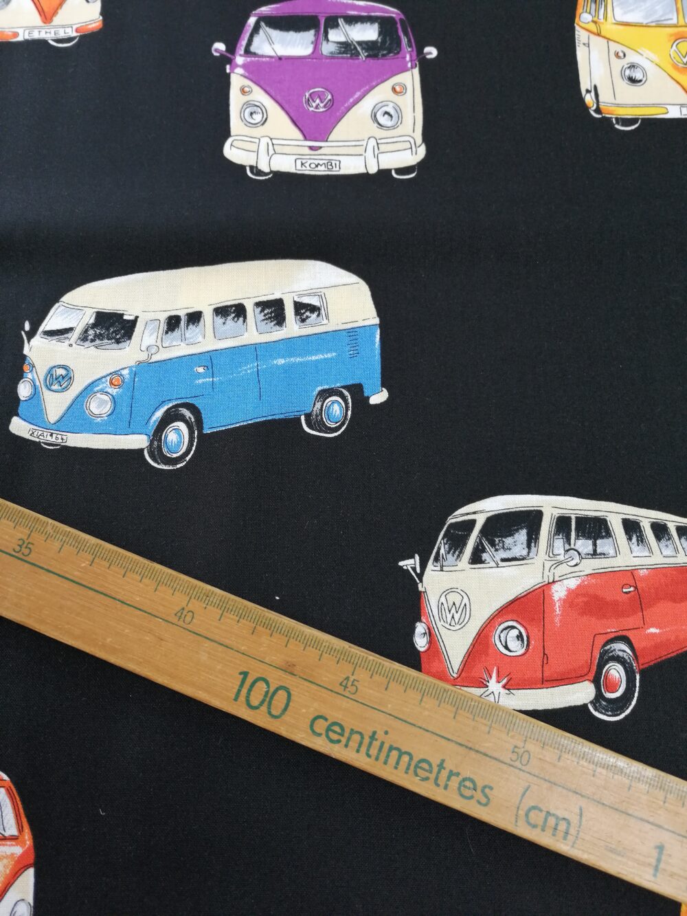 Camper vans on black quilting weight cotton fabric FQ - Image 2