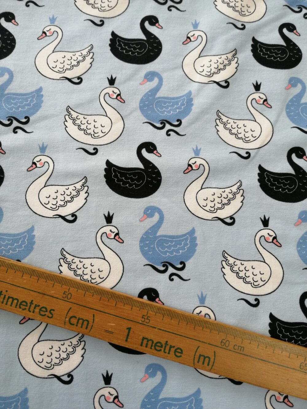 Blue and white swan cotton jersey fabric by the half metre - Image 2