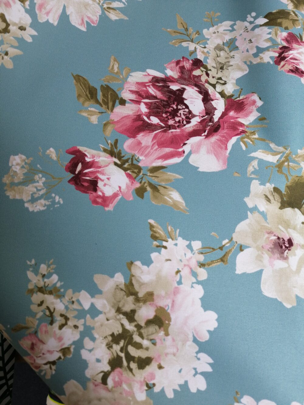 Outdoor fabric vintage flowers on duck egg blue