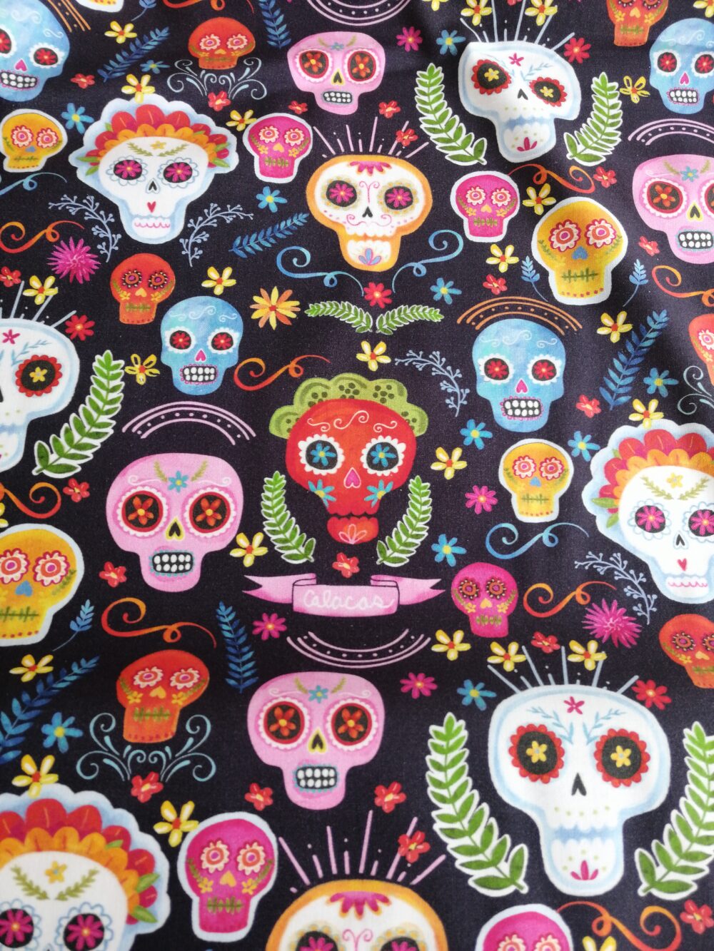 Day of the Dead Skulls on Black by the Fat Quarter