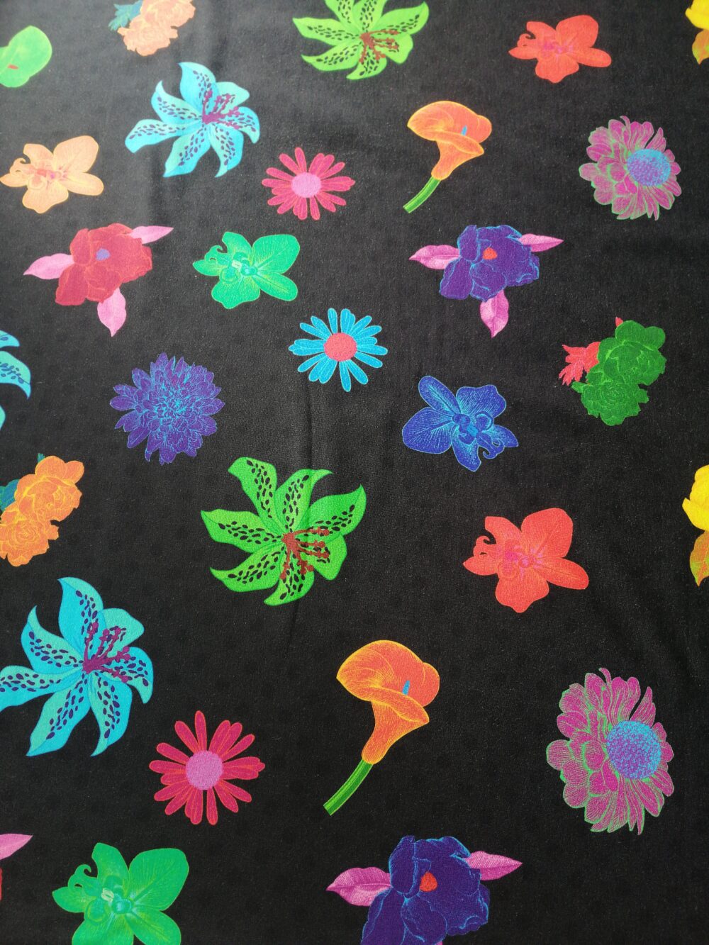 Flowers on black jersey fabric