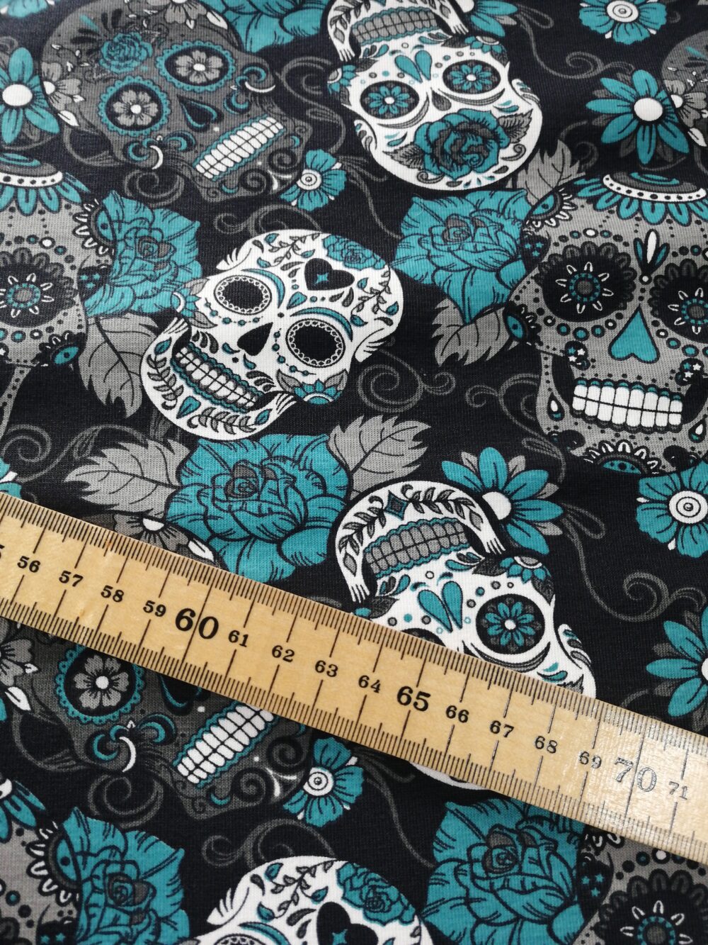 Skulls and Teal roses cotton jersey fabric - Image 3