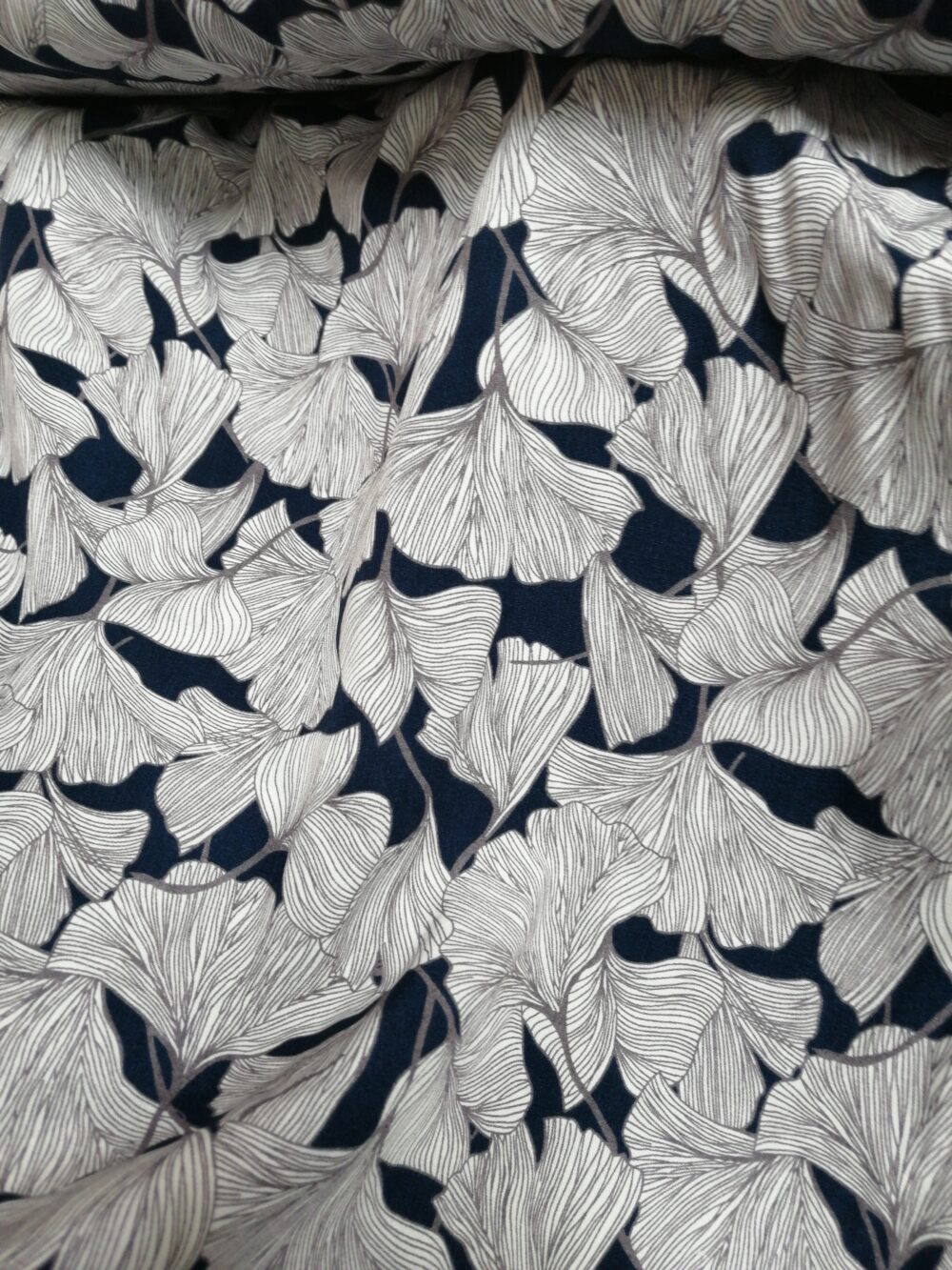 Ginkgo leaves on Navy viscose fabric